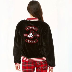 Forever 21 black faux fur Mickey varsity jacket